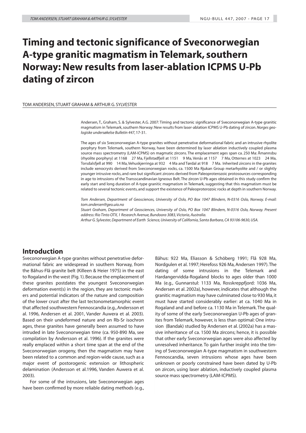 Timing and Tectonic Significance of Sveconorwegian A-Type Granitic Magmatism in Telemark,Southern Norway: New Results from Laser-Ablation ICPMS U-Pb Dating of Zircon