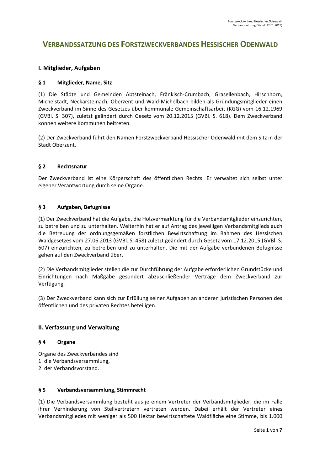 Verbandssatzung Des Forstzweckverbandes Hessischer Odenwald