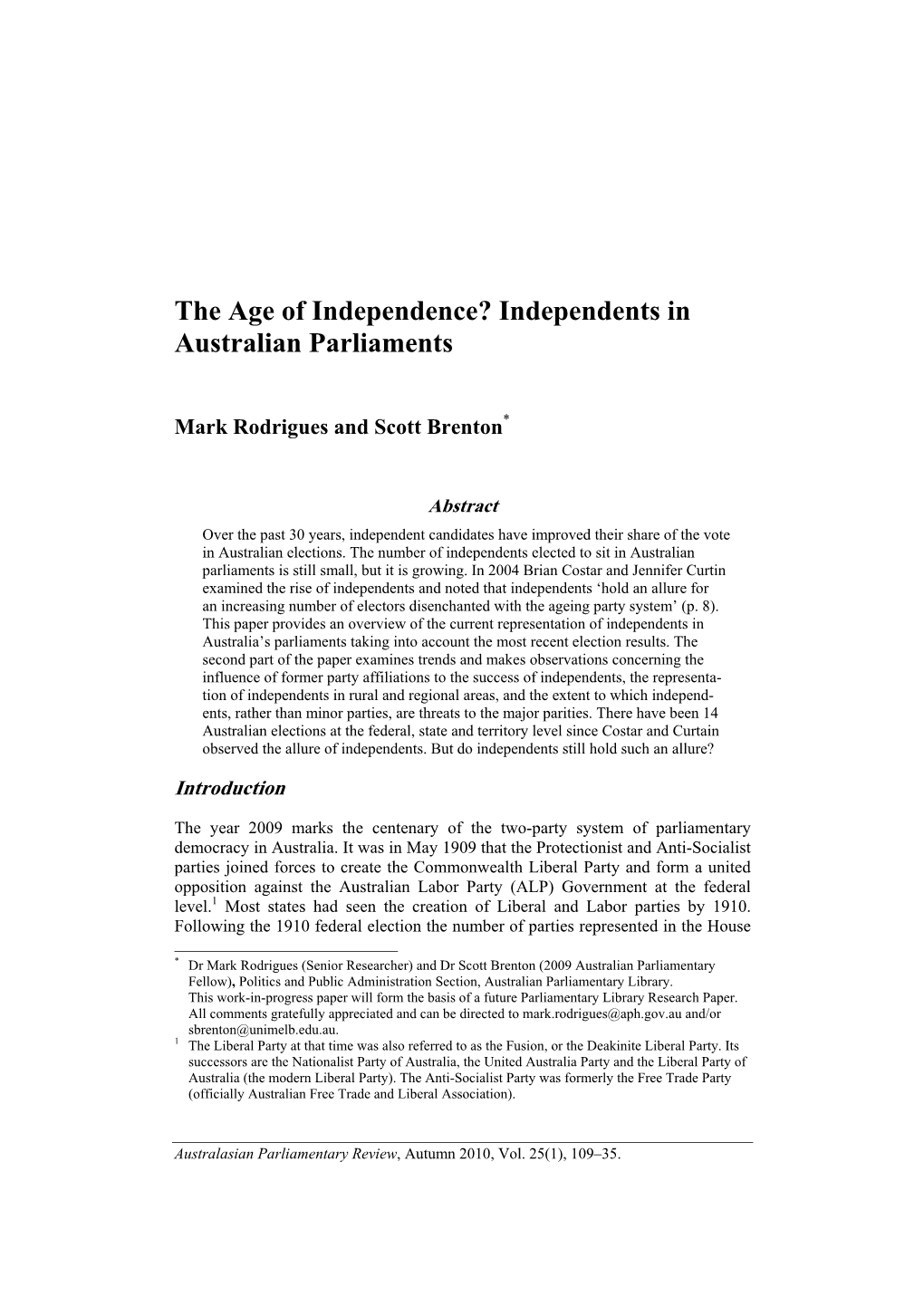 Independents in Australian Parliaments