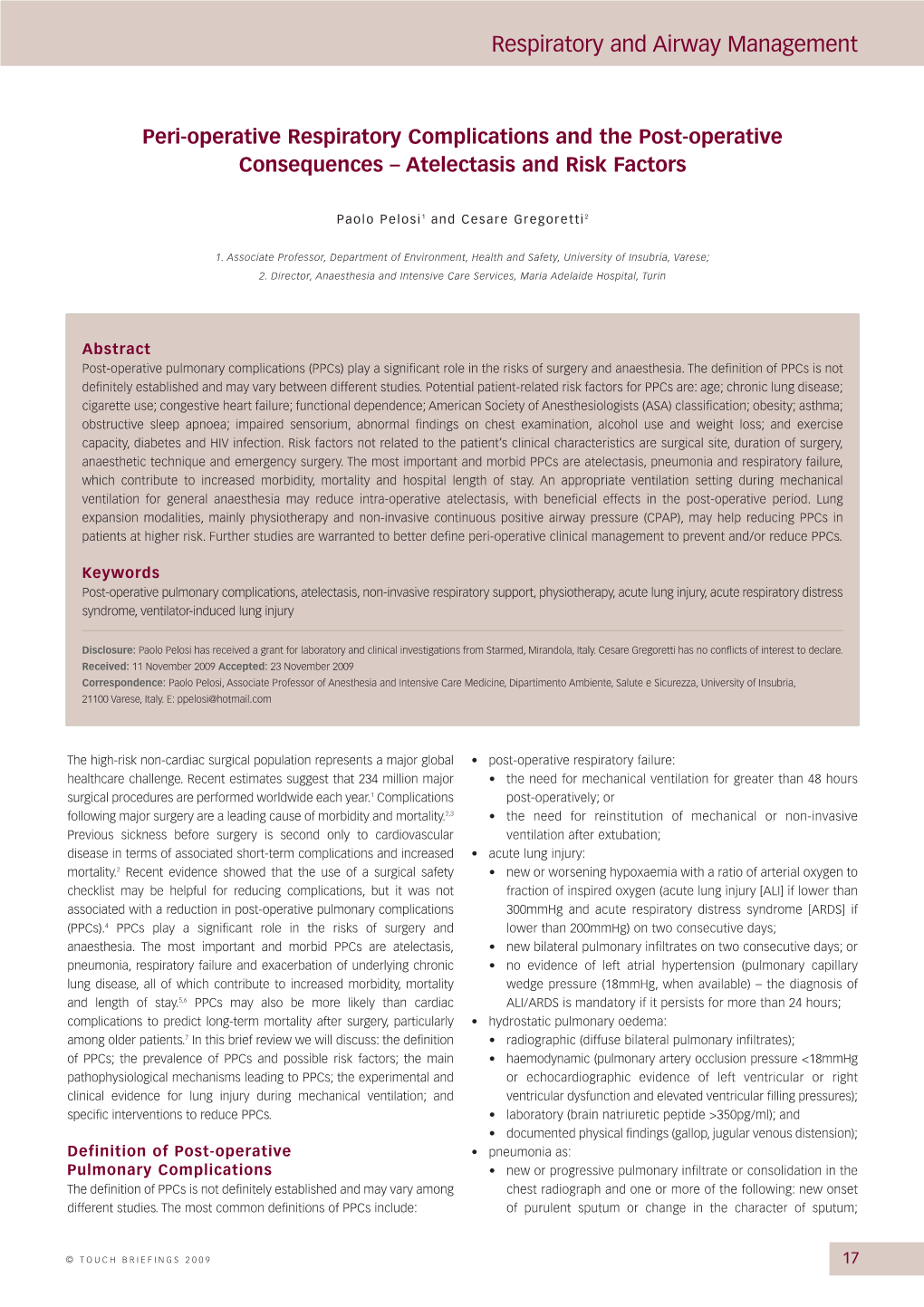 Peri-Operative Respiratory Complications and the Post-Operative Consequences – Atelectasis and Risk Factors