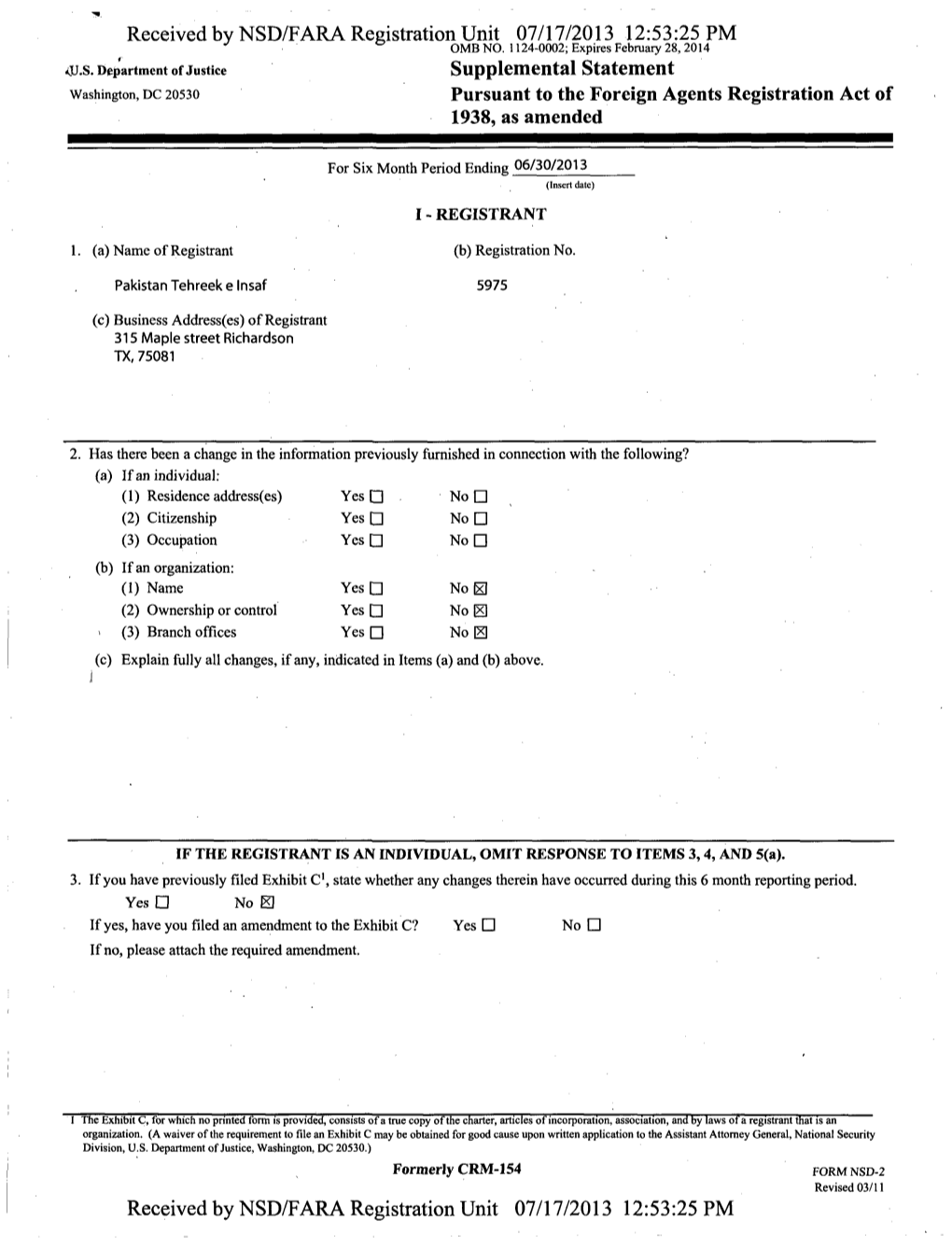 Supplemental Statement Washington, DC 20530 Pursuant to the Foreign Agents Registration Act of 1938, As Amended