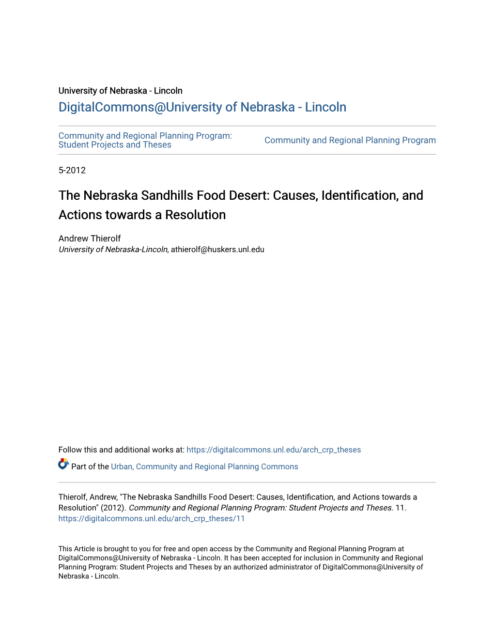 The Nebraska Sandhills Food Desert: Causes, Identification, and Actions Towards a Resolution