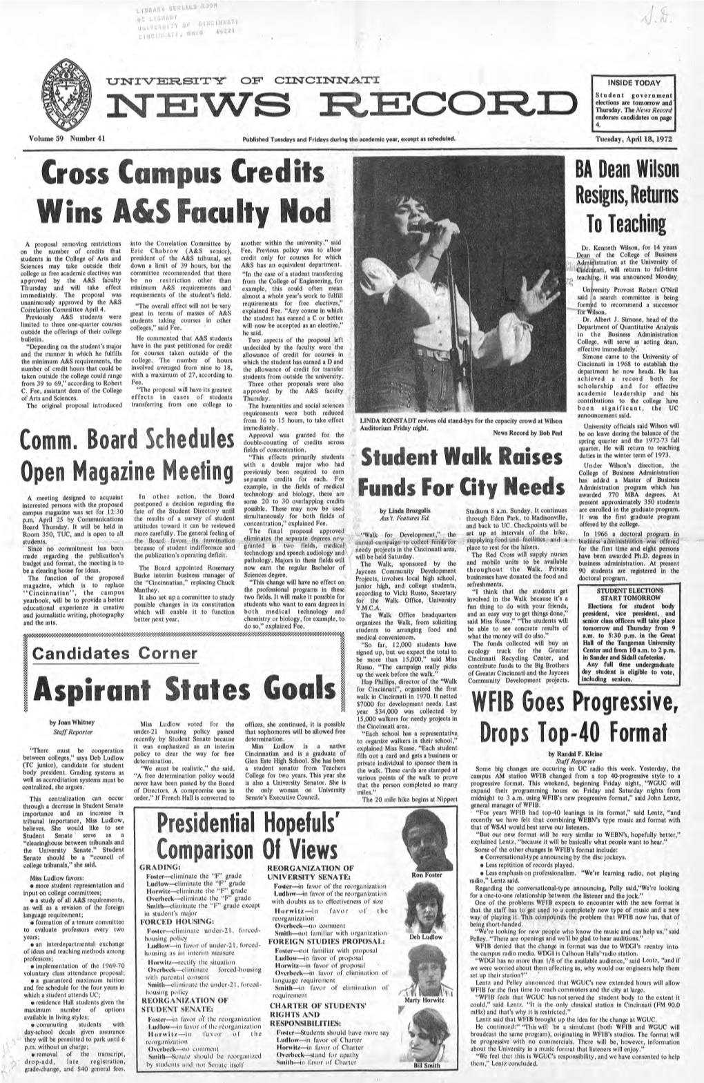 University of Cincinnati News Record. Tuesday, April 18, 1972. Vol. 59, No