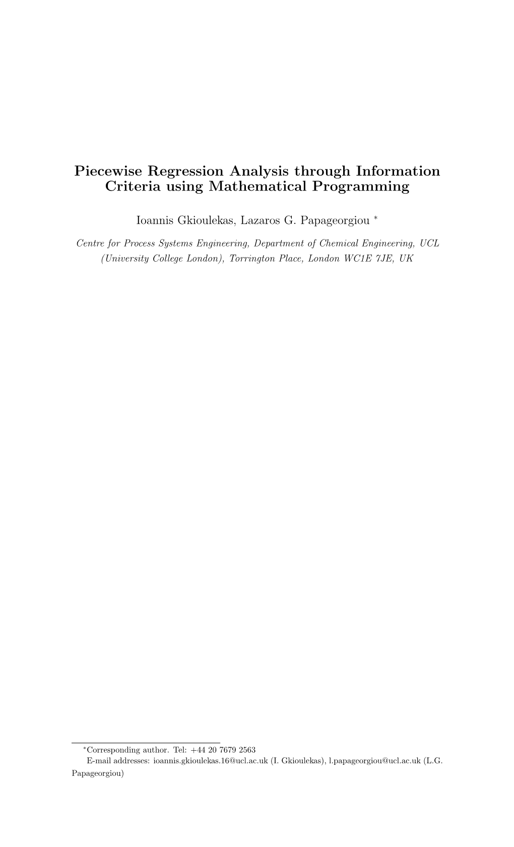 Piecewise Regression Analysis Through Information Criteria Using Mathematical Programming