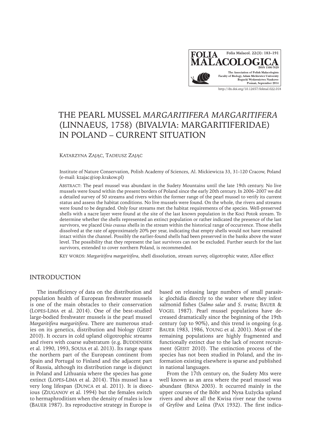 The Pearl Mussel Margaritifera Margaritifera (Linnaeus, 1758) (Bivalvia: Margaritiferidae) in Poland – Current Situation