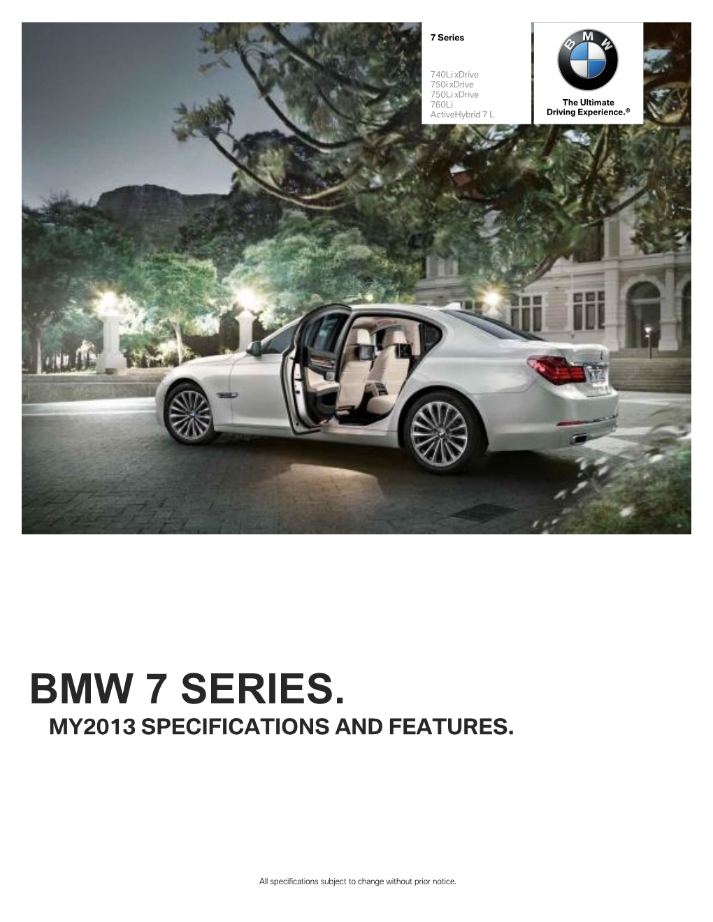 Bmw 7 Series. My2013 Specifications and Features