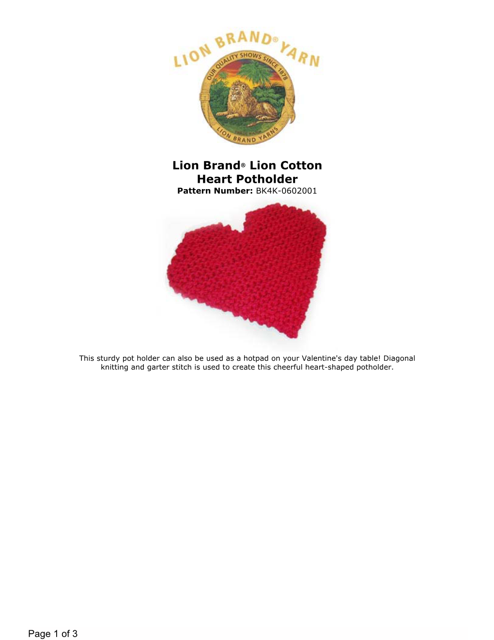 Lion Brand® Lion Cotton Heart Potholder Pattern Number: BK4K-0602001