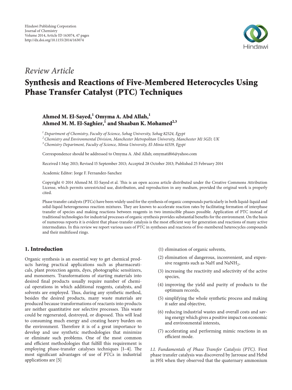 Review Article Synthesis and Reactions of Five-Membered Heterocycles Using Phase Transfer Catalyst (PTC) Techniques