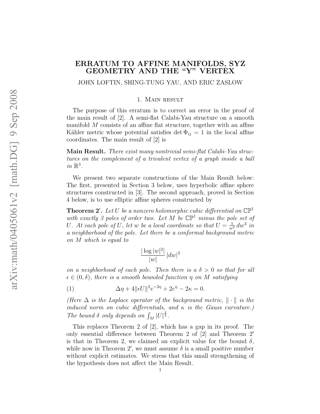 Arxiv:Math/0405061V2 [Math.DG] 9 Sep 2008 H Yohssde O ﬀc H Anresult