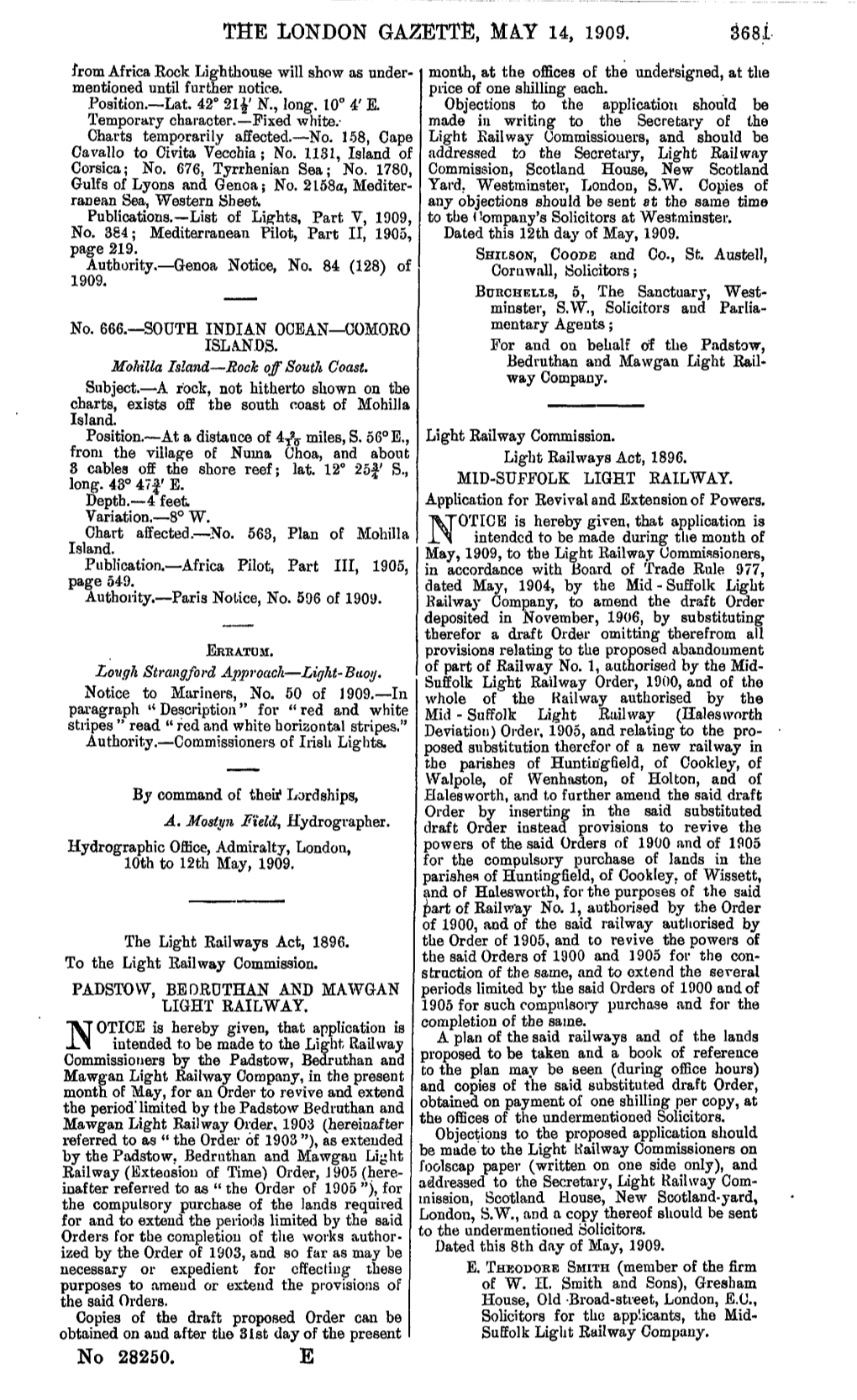 THE LONDON GAZETTE, MAY 14, 1909. No 28250. E