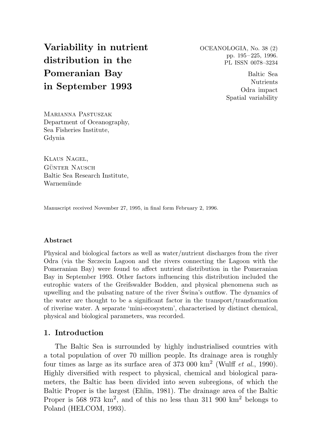 Variability in Nutrient Distribution in the Pomeranian Bay in September 1993