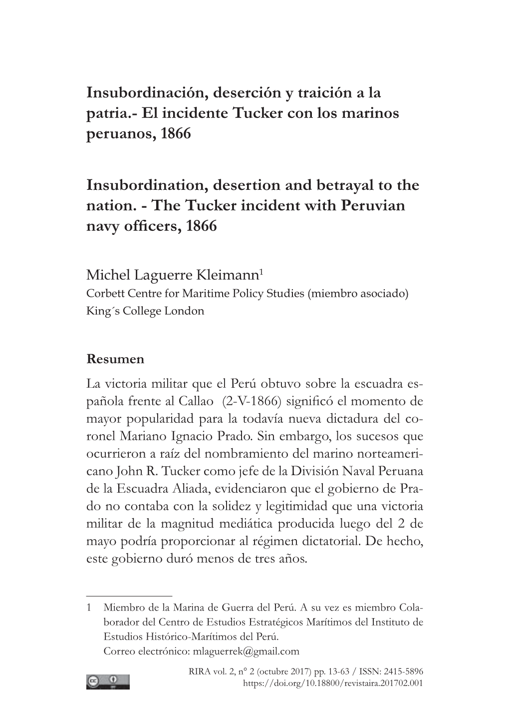 Insubordinación, Deserción Y Traición a La Patria.- El Incidente Tucker Con Los Marinos Peruanos, 1866