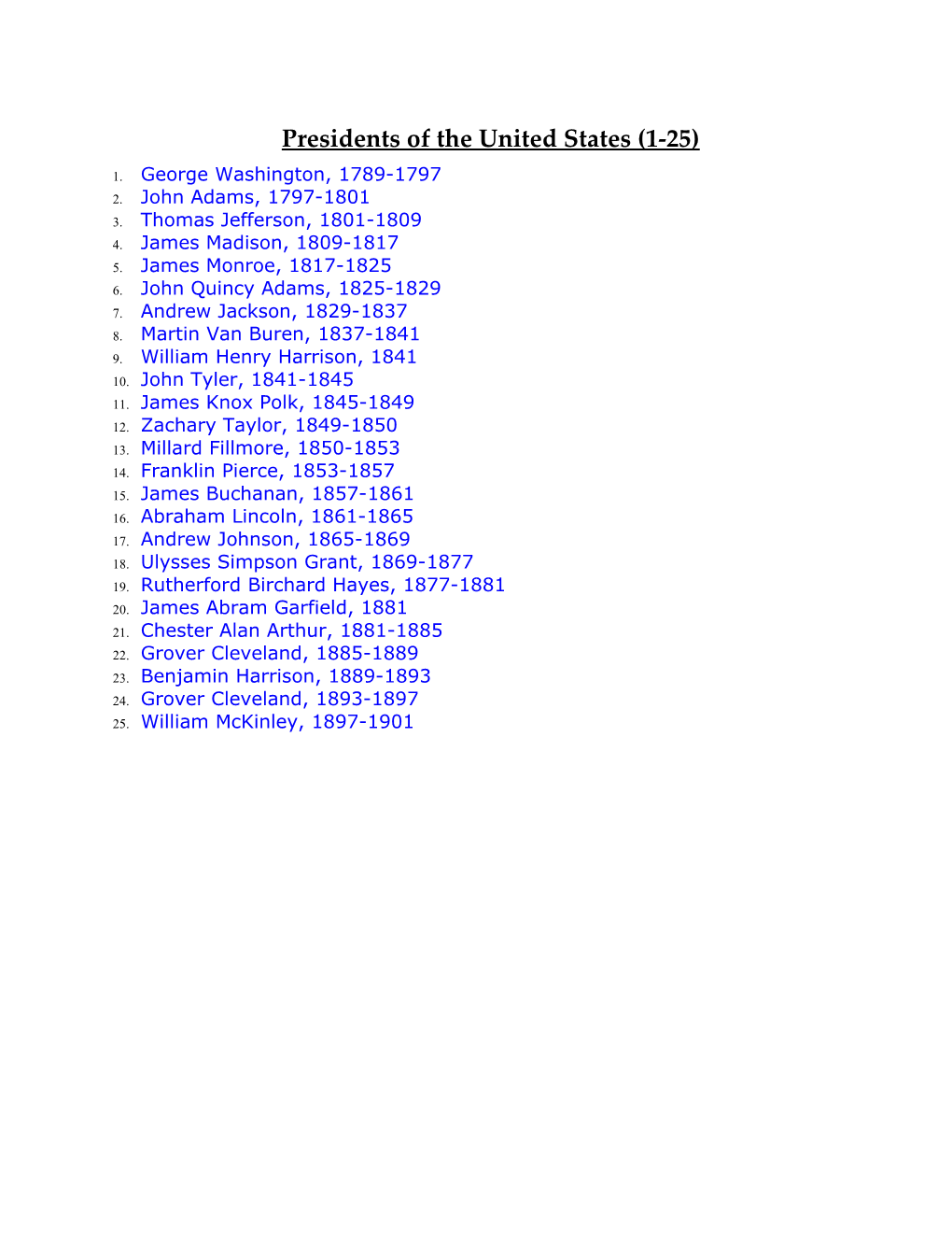 Presidents in Successive Order (1-25)