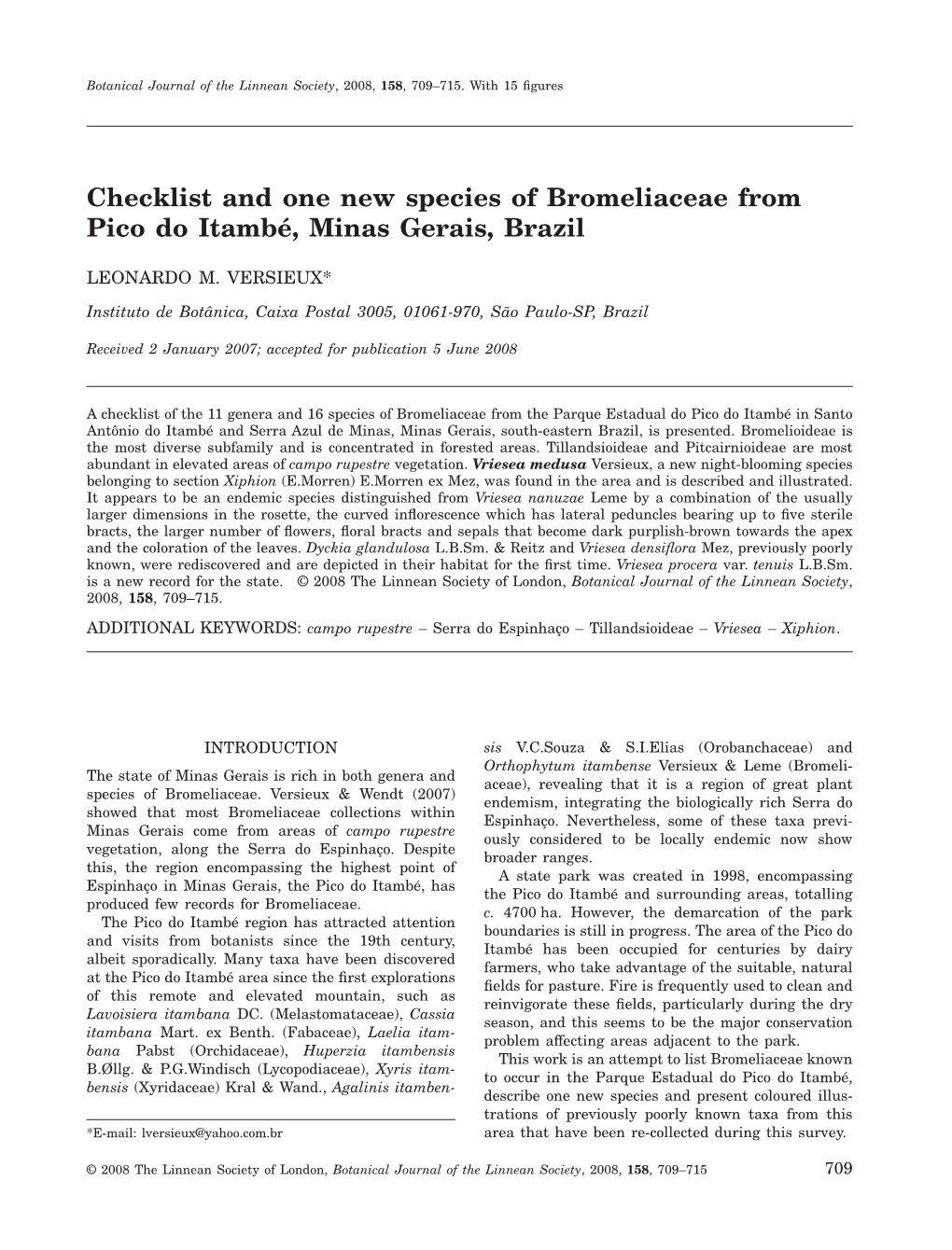 Checklist and One New Species of Bromeliaceae from Pico Do Itambé, Minas Gerais, Brazil