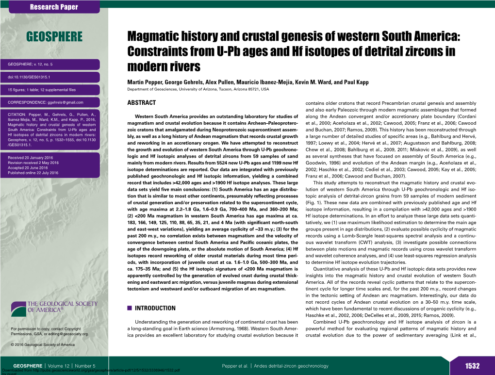 Constraints from U-Pb Ages and Hf Isotopes of Detrital Zircons in GEOSPHERE; V