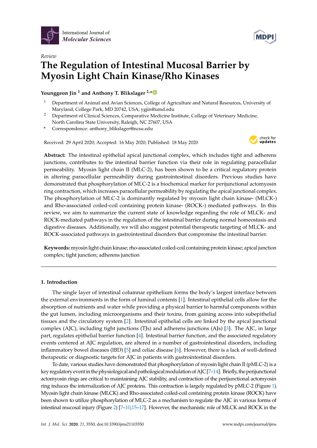 The Regulation of Intestinal Mucosal Barrier by Myosin Light Chain Kinase/Rho Kinases