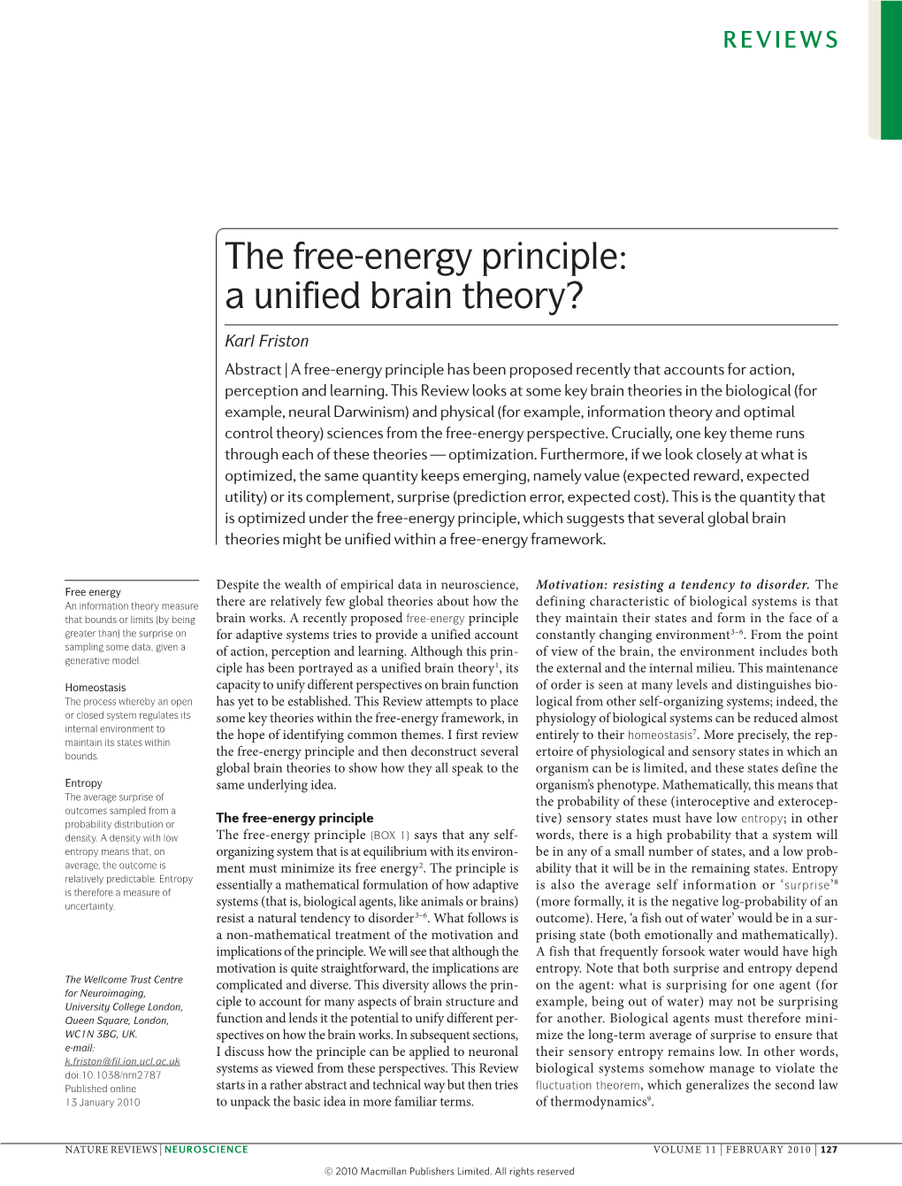 The Free-Energy Principle: a Unified Brain Theory?