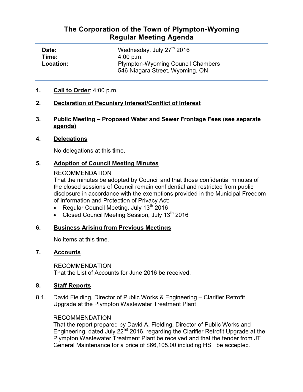 The Corporation of the Town of Plympton-Wyoming Regular Meeting Agenda