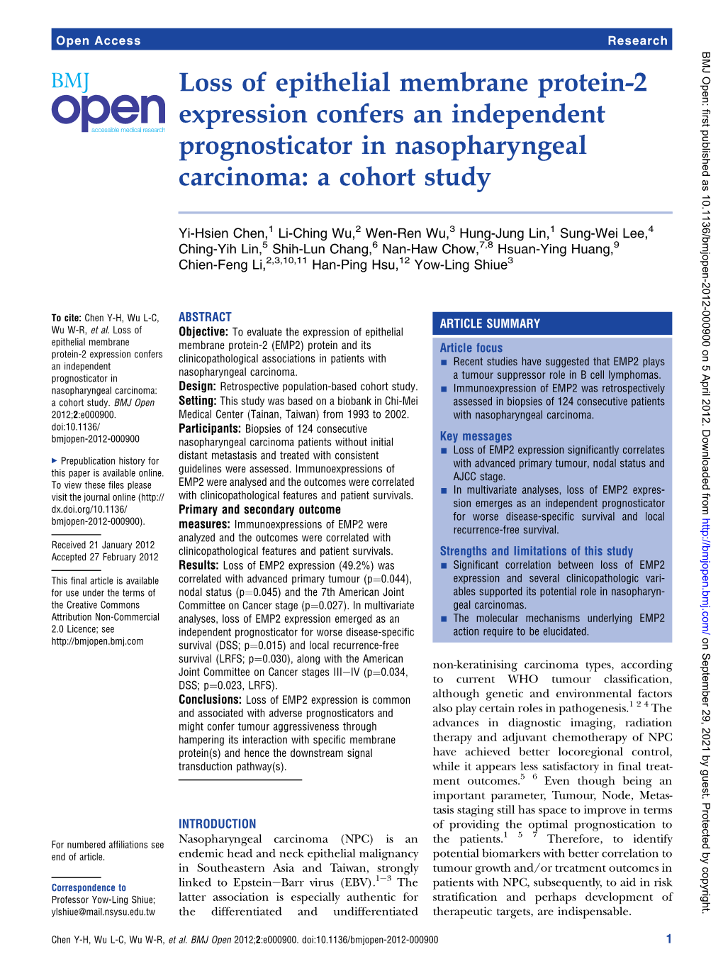 Loss of Epithelial Membrane Protein-2 Expression Confers an Independent Prognosticator in Nasopharyngeal Carcinoma: a Cohort Study