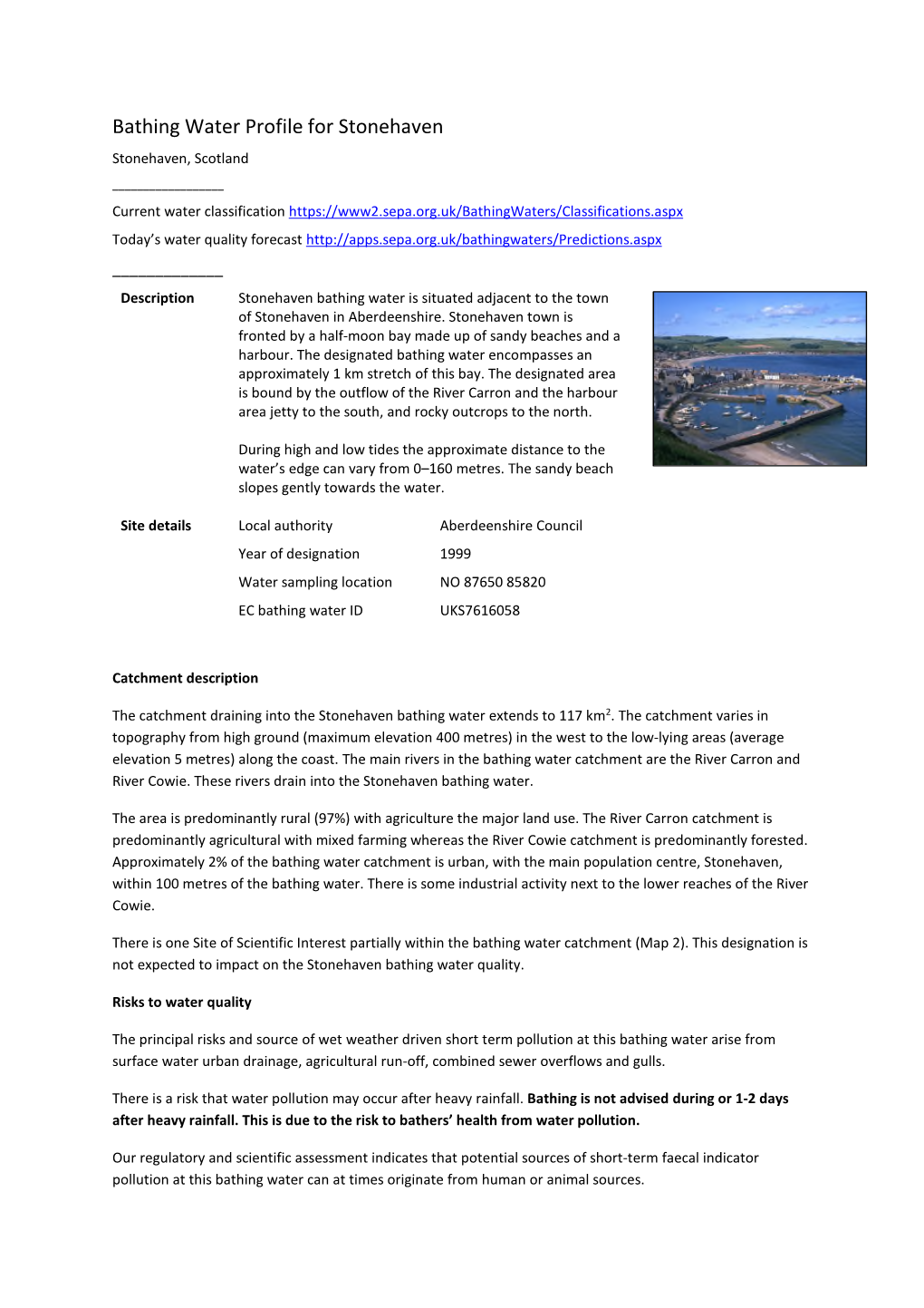 Bathing Water Profile for Stonehaven