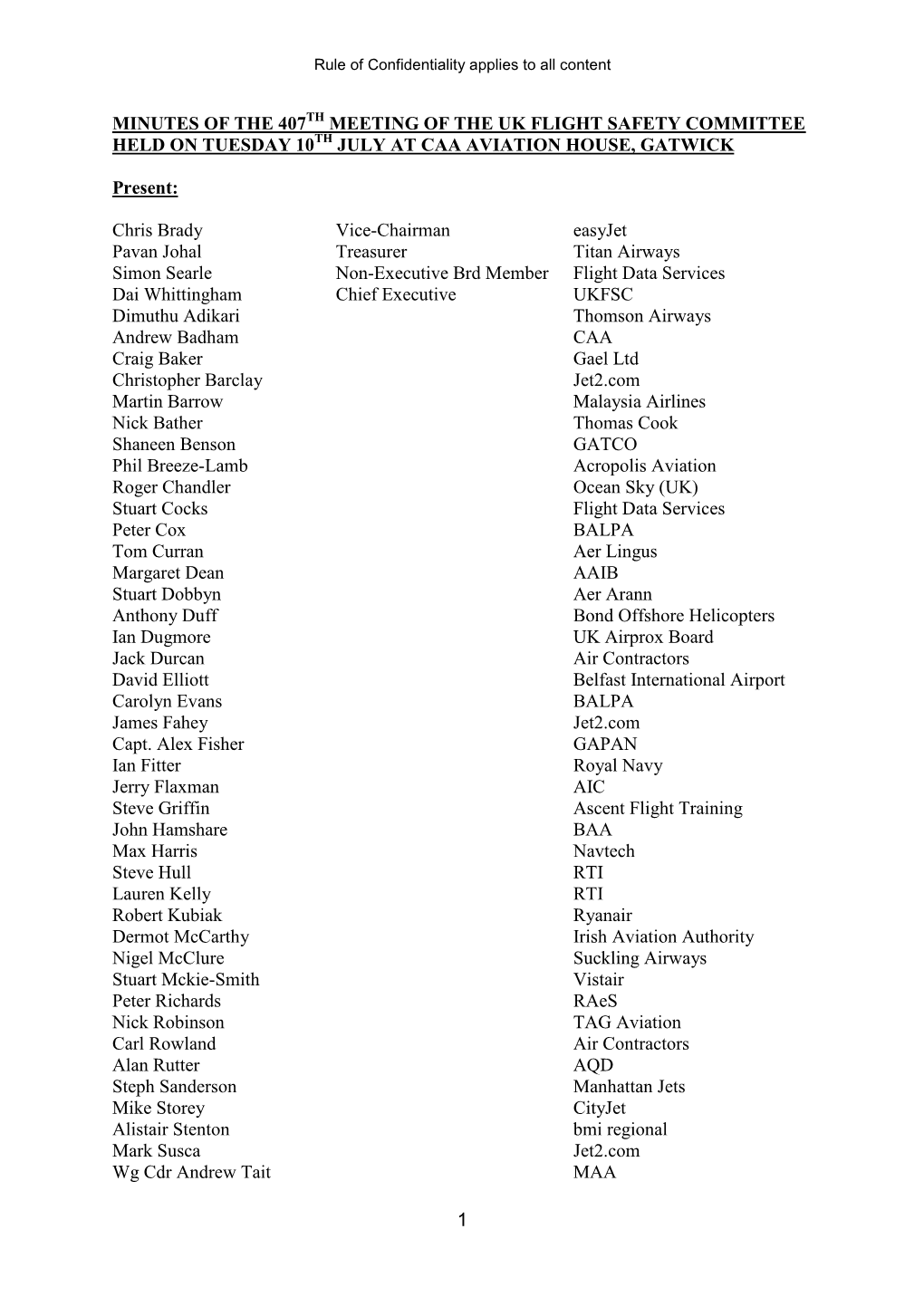 Minutes of the 407Th Meeting of the Uk Flight Safety Committee Held on Tuesday 10Th July at Caa Aviation House, Gatwick