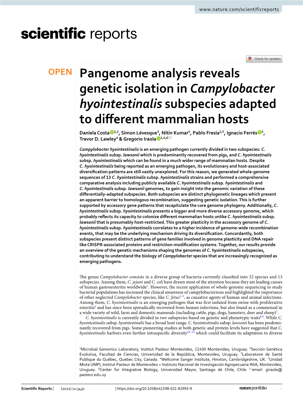 Pangenome Analysis Reveals Genetic Isolation in Campylobacter Hyointestinalis Subspecies Adapted to Different Mammalian Hosts