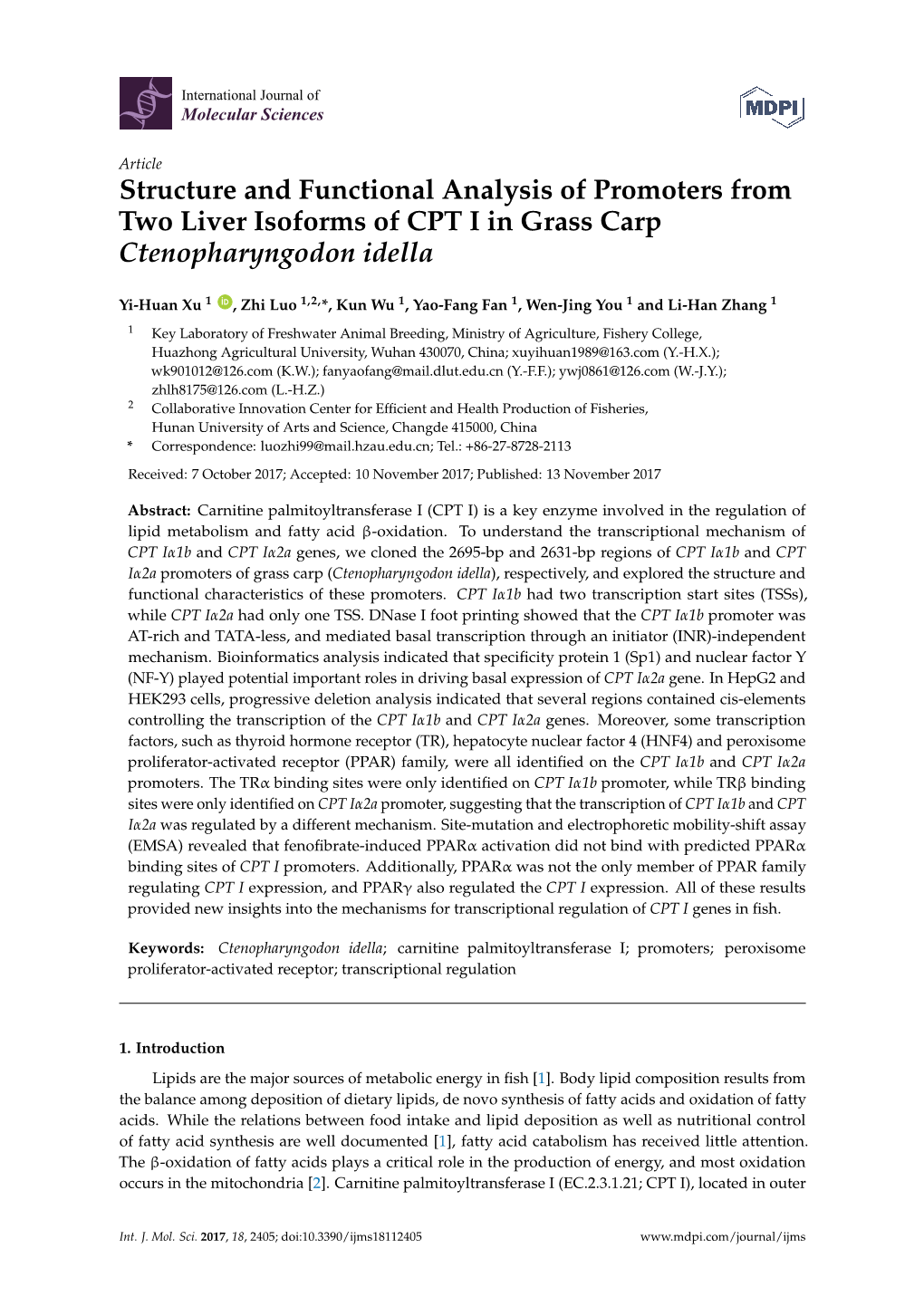 Structure and Functional Analysis of Promoters from Two Liver Isoforms of CPT I in Grass Carp Ctenopharyngodon Idella