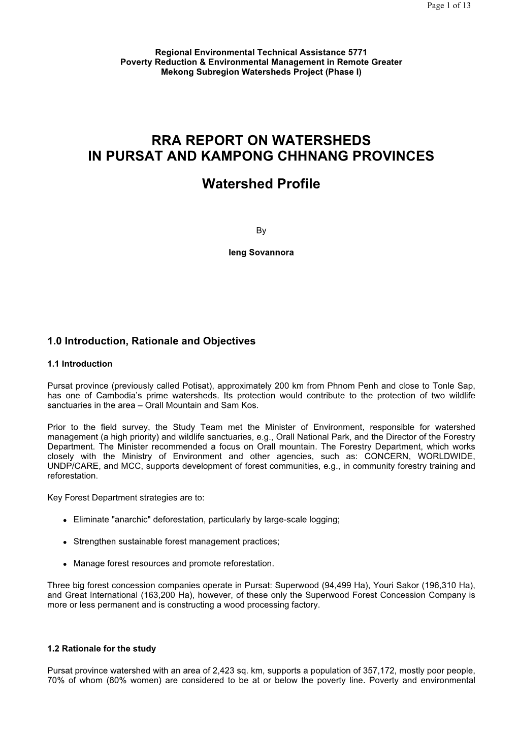 RRA REPORT on WATERSHEDS in PURSAT and KAMPONG CHHNANG PROVINCES Watershed Profile