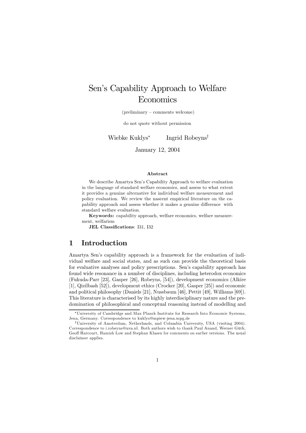 Sen's Capability Approach to Welfare Economics