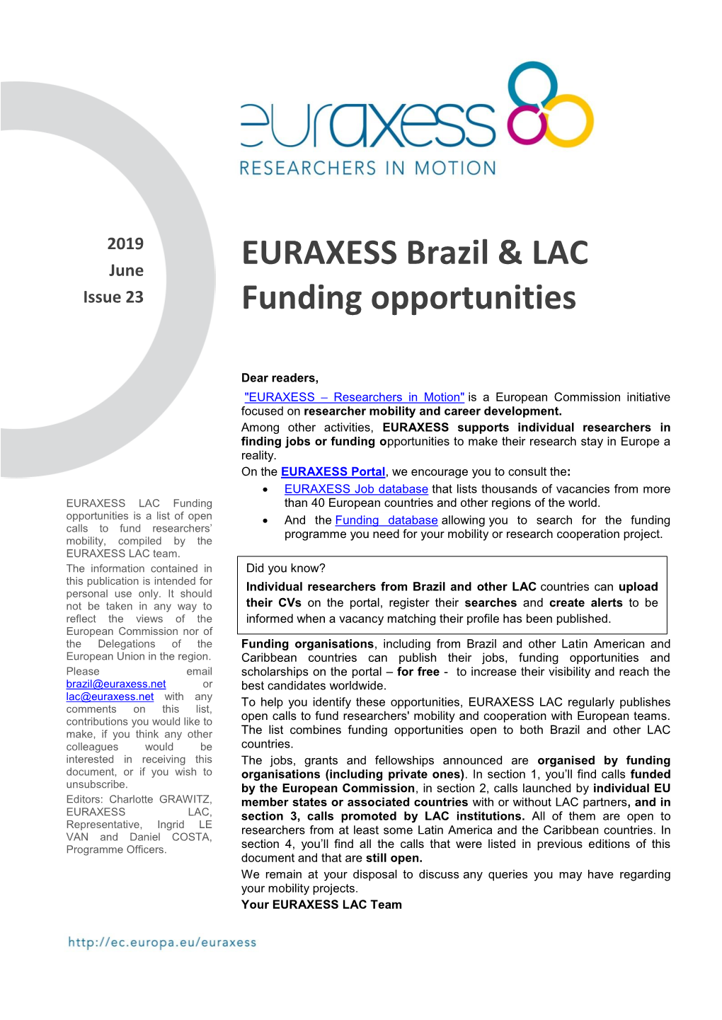 EURAXESS Brazil & LAC Funding Opportunities June 2019