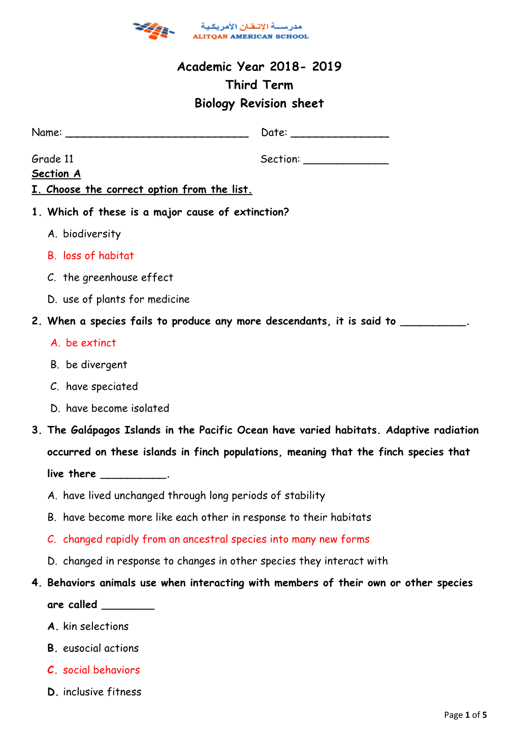 Academic Year 2018- 2019 Third Term Biology Revision Sheet