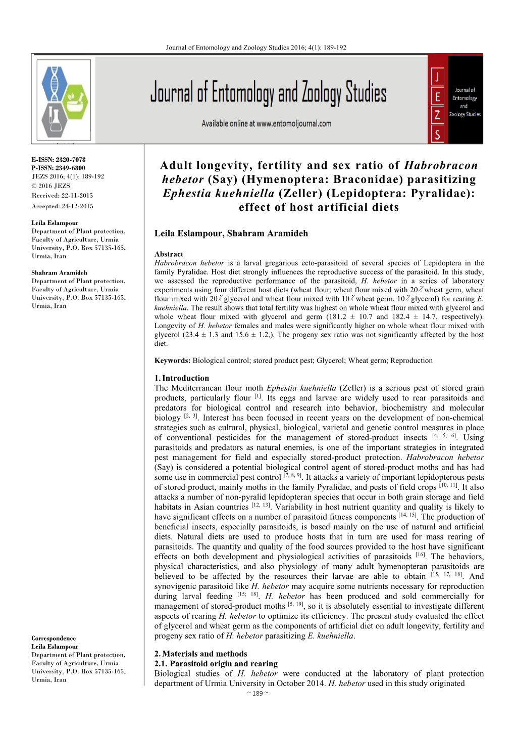 Adult Longevity, Fertility and Sex Ratio of Habrobracon Hebetor (Say