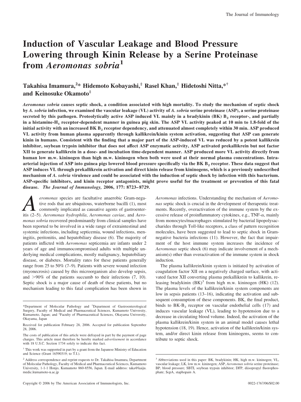 Aeromonas Sobria a Serine Proteinase from Pressure Lowering Through Kinin Release by Induction of Vascular Leakage and Blood