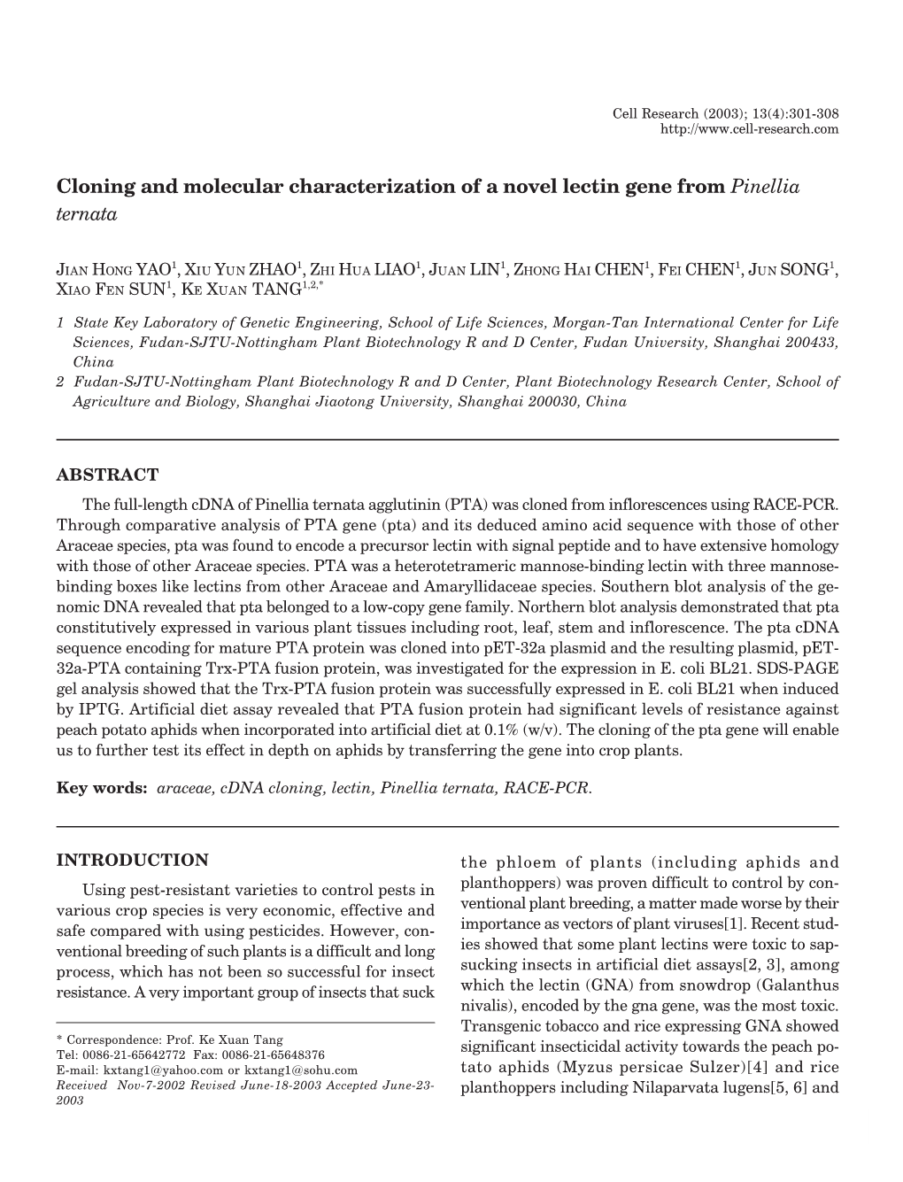 Cloning and Molecular Characterization of a Novel Lectin Gene from Pinellia Ternata