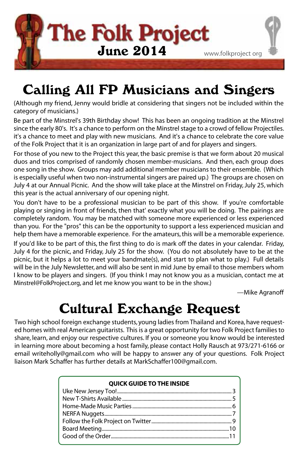 June 2014 Calling All FP Musicians and Singers Cultural Exchange Request