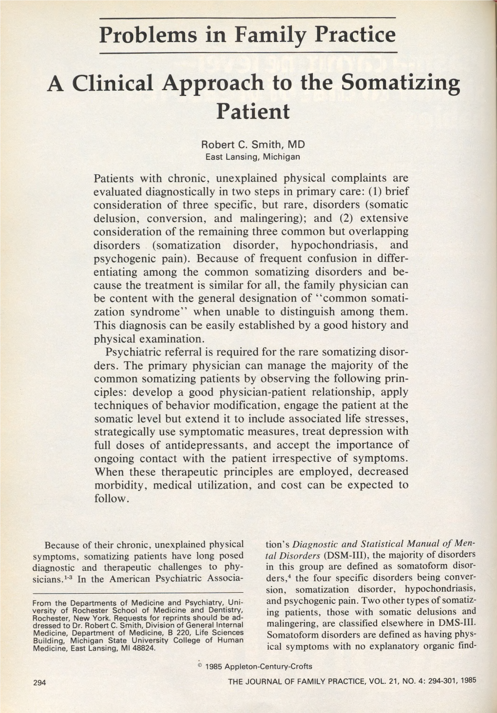 Problems in Family Practice a Clinical Approach to the Somatizing Patient