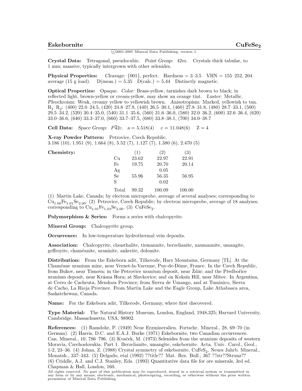 Eskebornite Cufese2 C 2001-2005 Mineral Data Publishing, Version 1 Crystal Data: Tetragonal, Pseudocubic