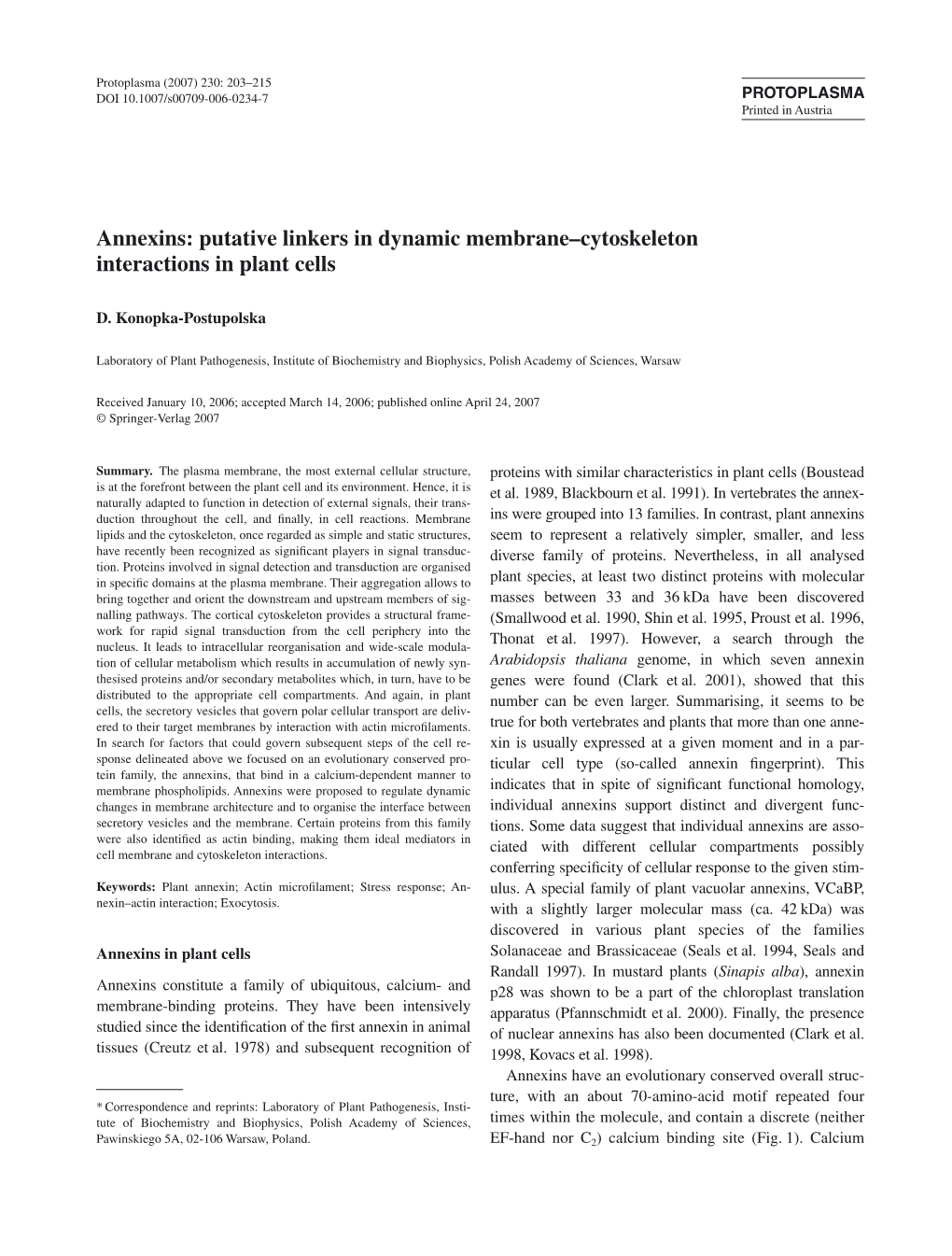 Annexins: Putative Linkers in Dynamic Membrane–Cytoskeleton