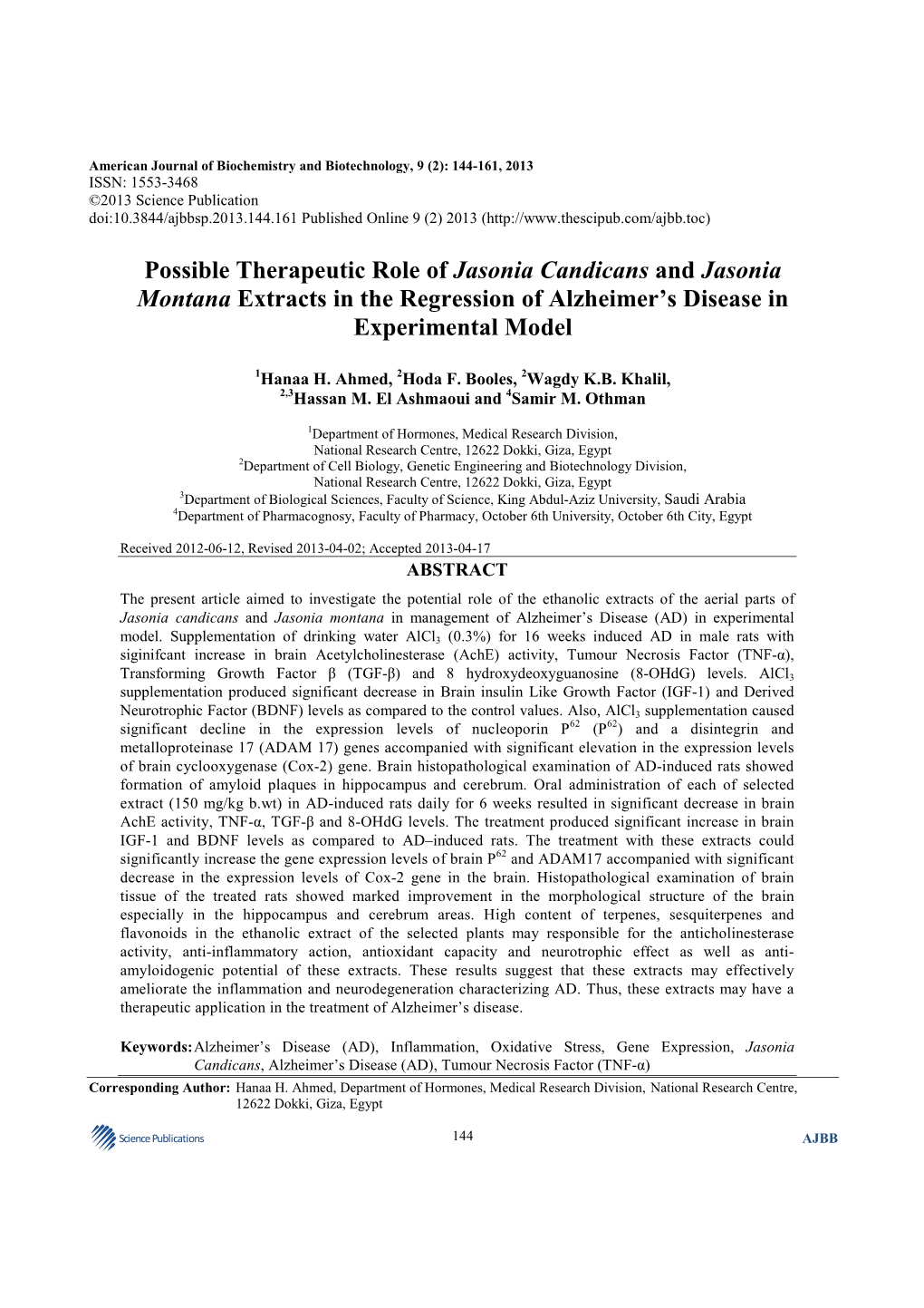 Possible Therapeutic Role of Jasonia Candicans and Jasonia Montana Extracts in the Regression of Alzheimer's Disease in Experi