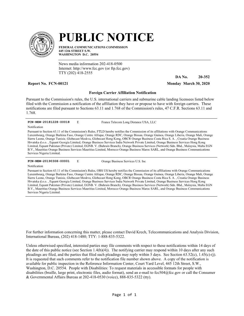 PUBLIC NOTICE FEDERAL COMMUNICATIONS COMMISSION 445 12Th STREET S.W