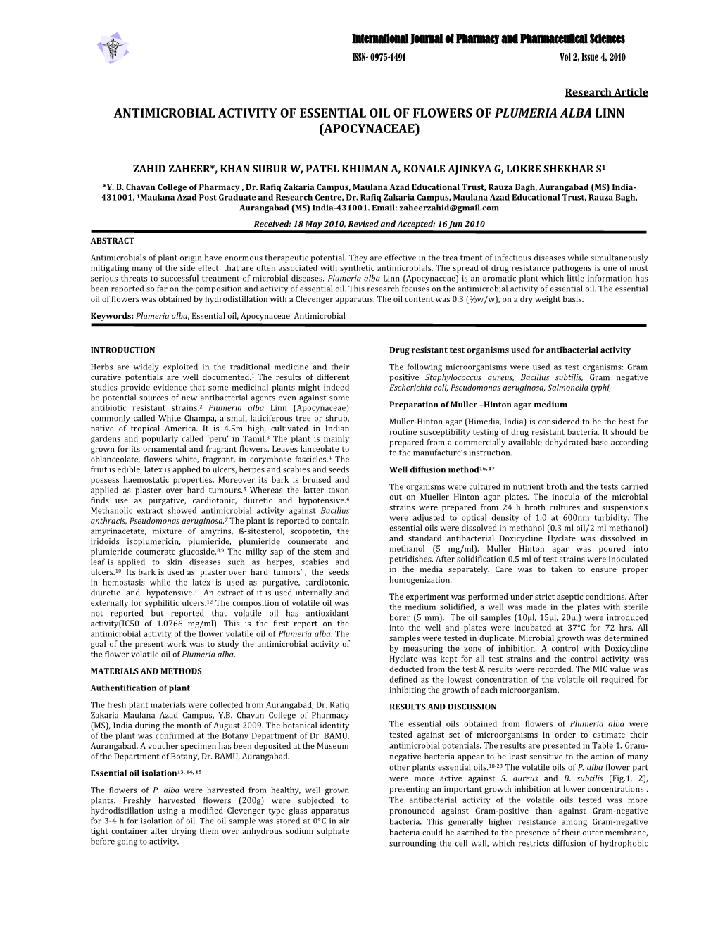 Antimicrobial Activity of Essential Oil of Flowers of Plumeria Alba Linn (Apocynaceae)