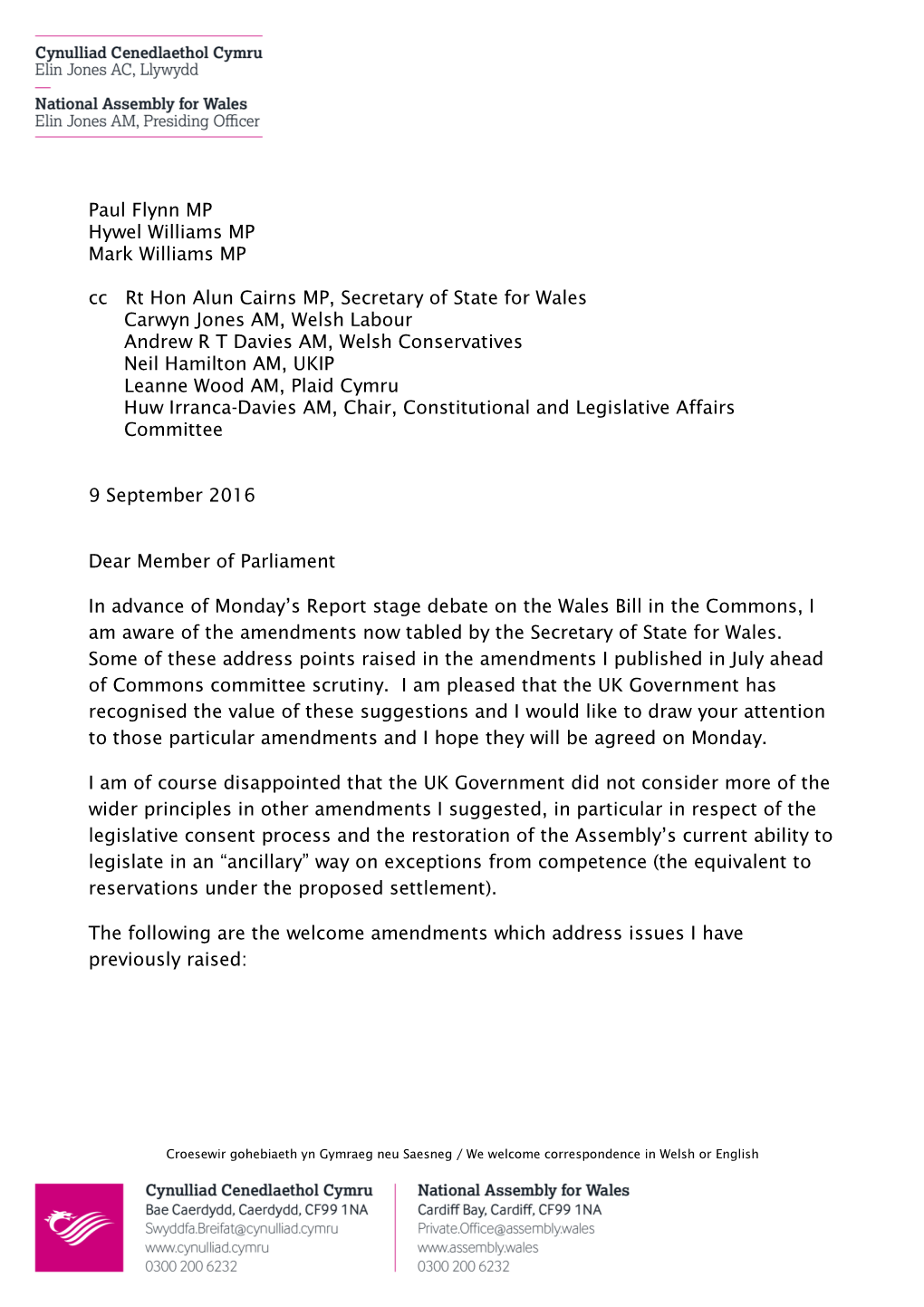 Letter from Llywydd to Welsh Mps: Amendments