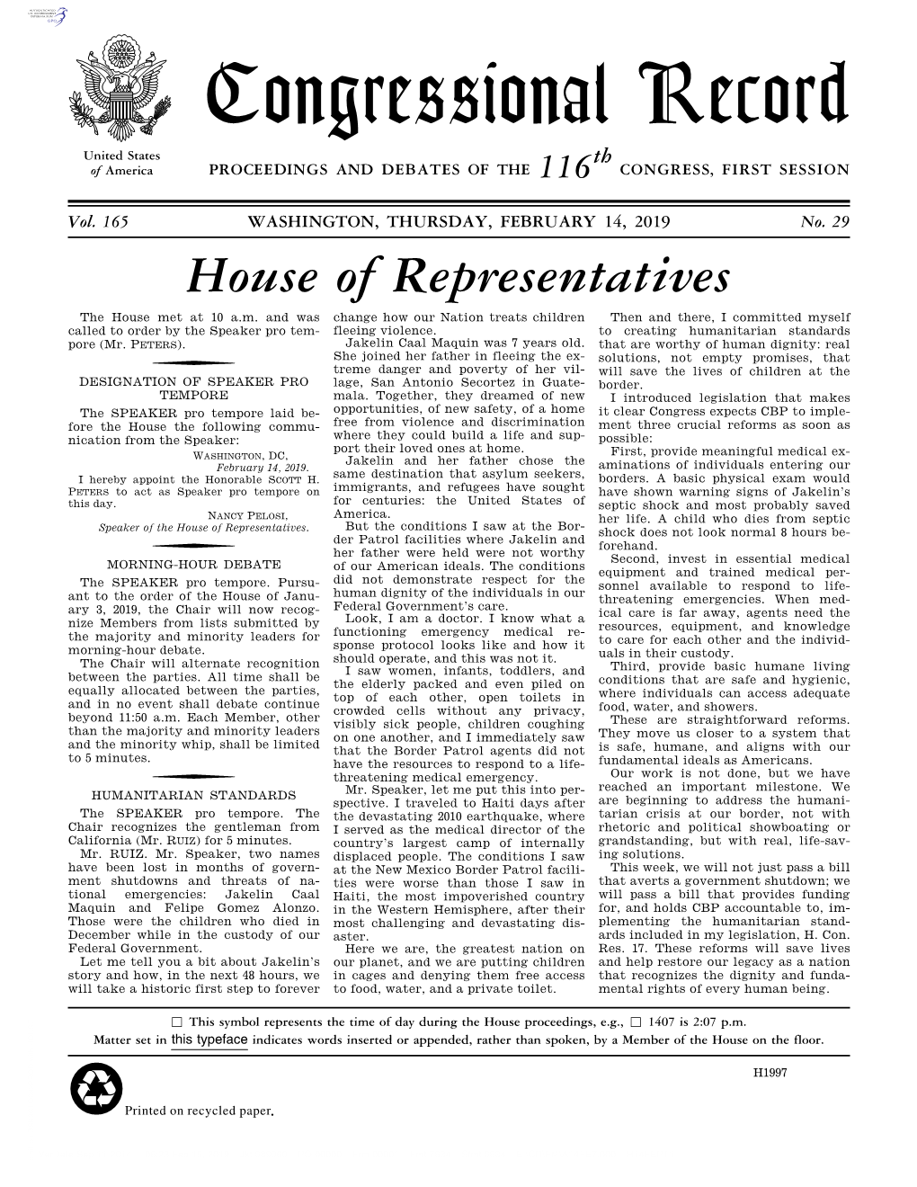 Congressional Record United States Th of America PROCEEDINGS and DEBATES of the 116 CONGRESS, FIRST SESSION