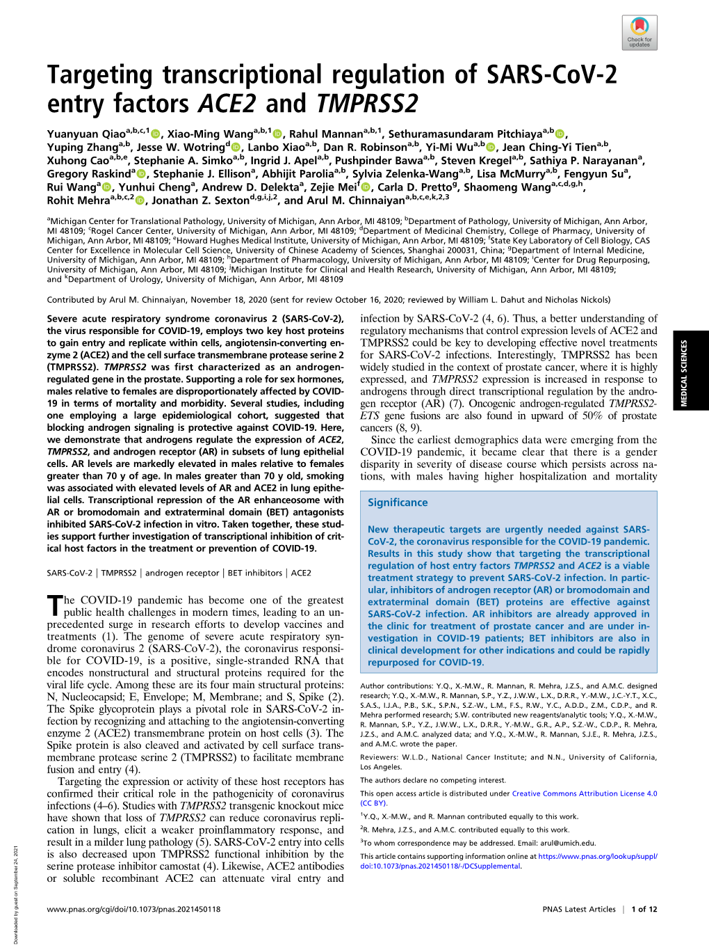 Targeting Transcriptional Regulation of SARS-Cov-2 Entry Factors ACE2 and TMPRSS2