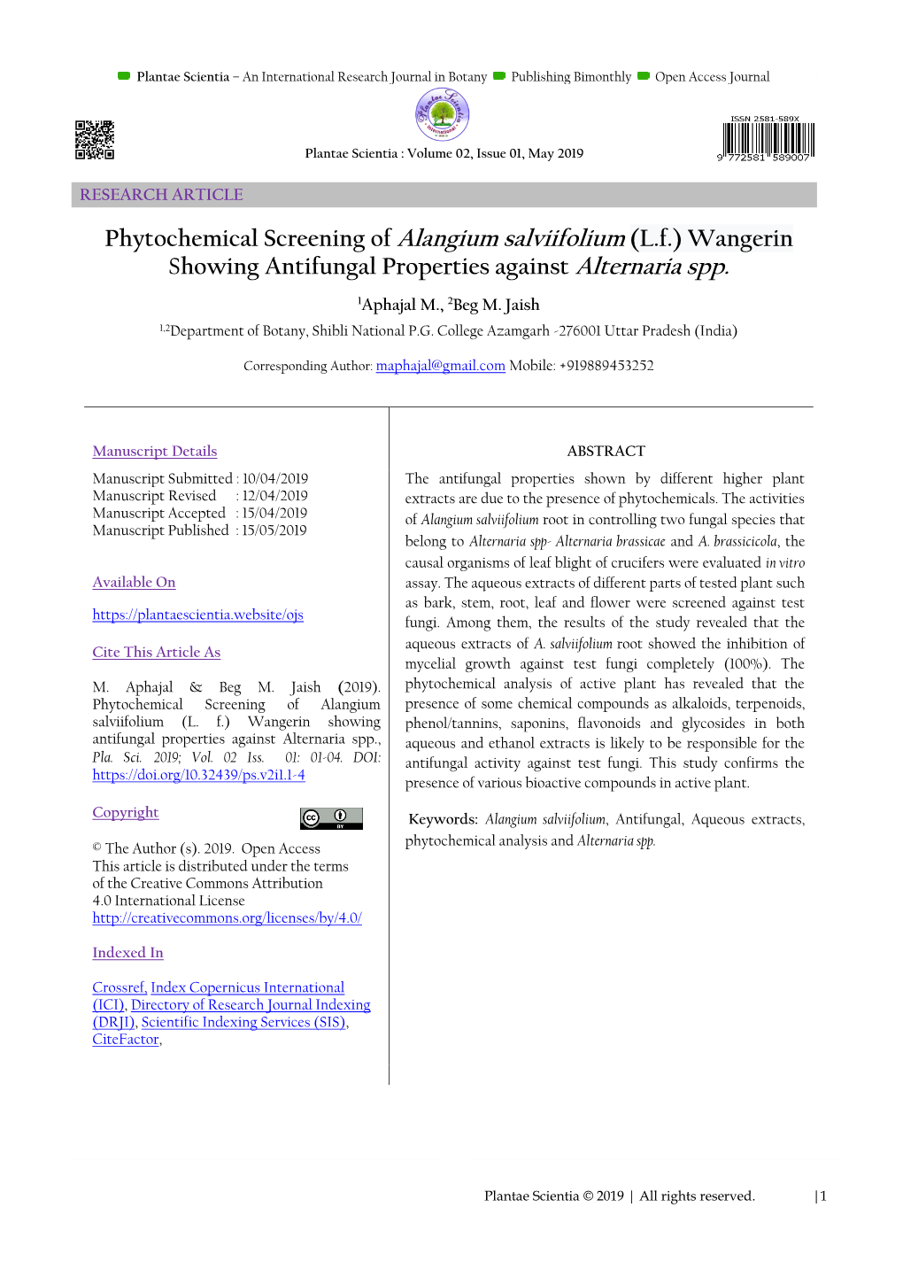 Phytochemical Screening of Alangium Salviifolium (L.F.) Wangerin Showing Antifungal Properties Against Alternaria Spp