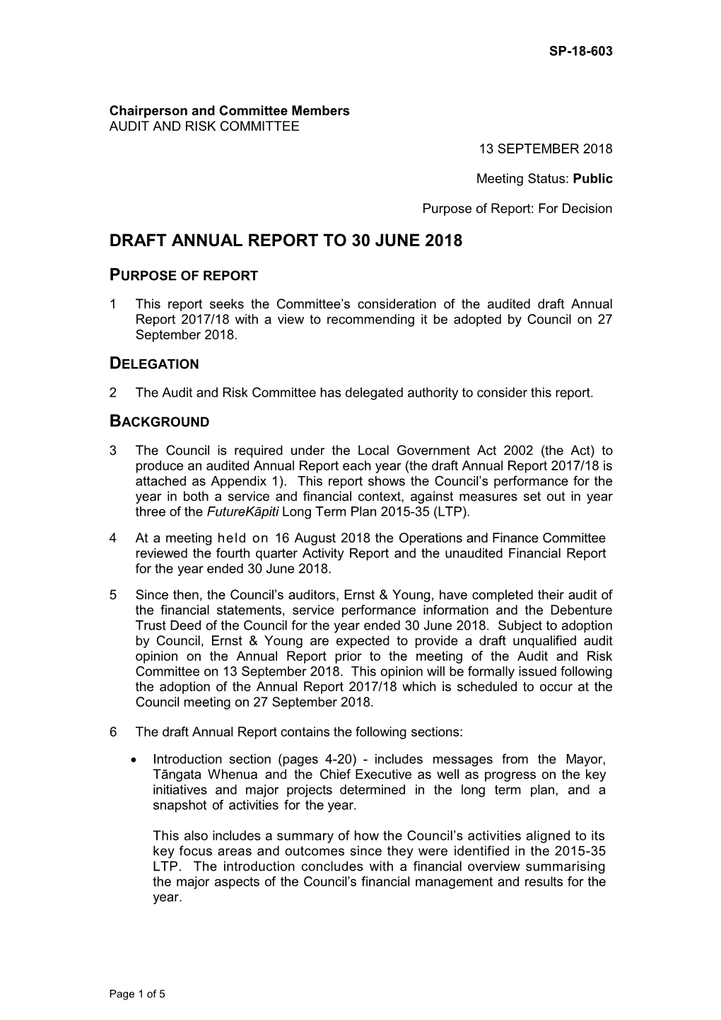 Draft Annual Report to 30 June 2018