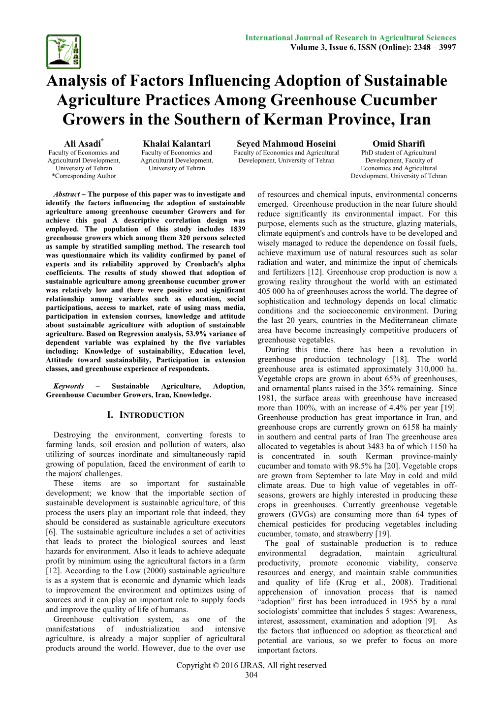 Analysis of Factors Influencing Adoption of Sustainable Agriculture Practices Among Greenhouse Cucumber Growers in the Southern of Kerman Province, Iran