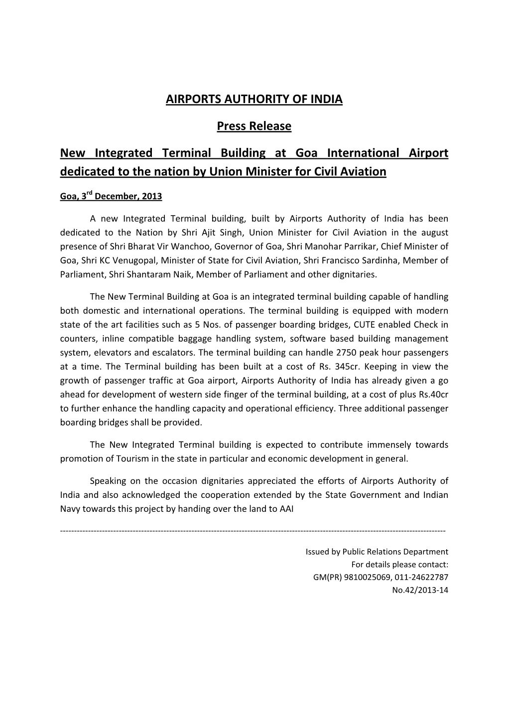 AIRPORTS AUTHORITY of INDIA Press Release New Integrated