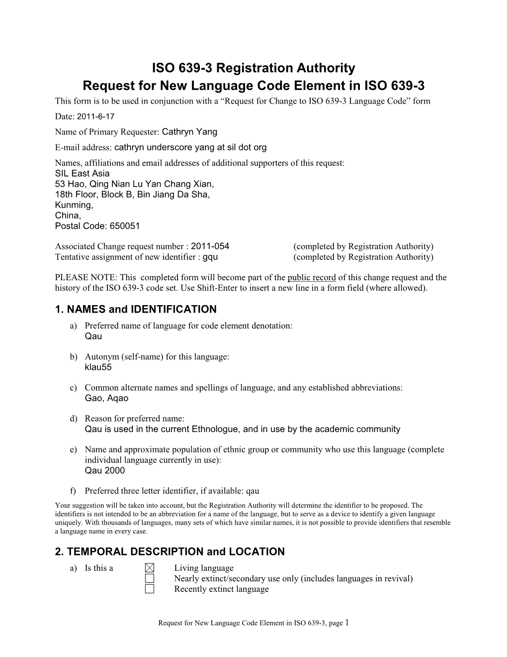 ISO 639-3 Registration Authority Request for New Language Code