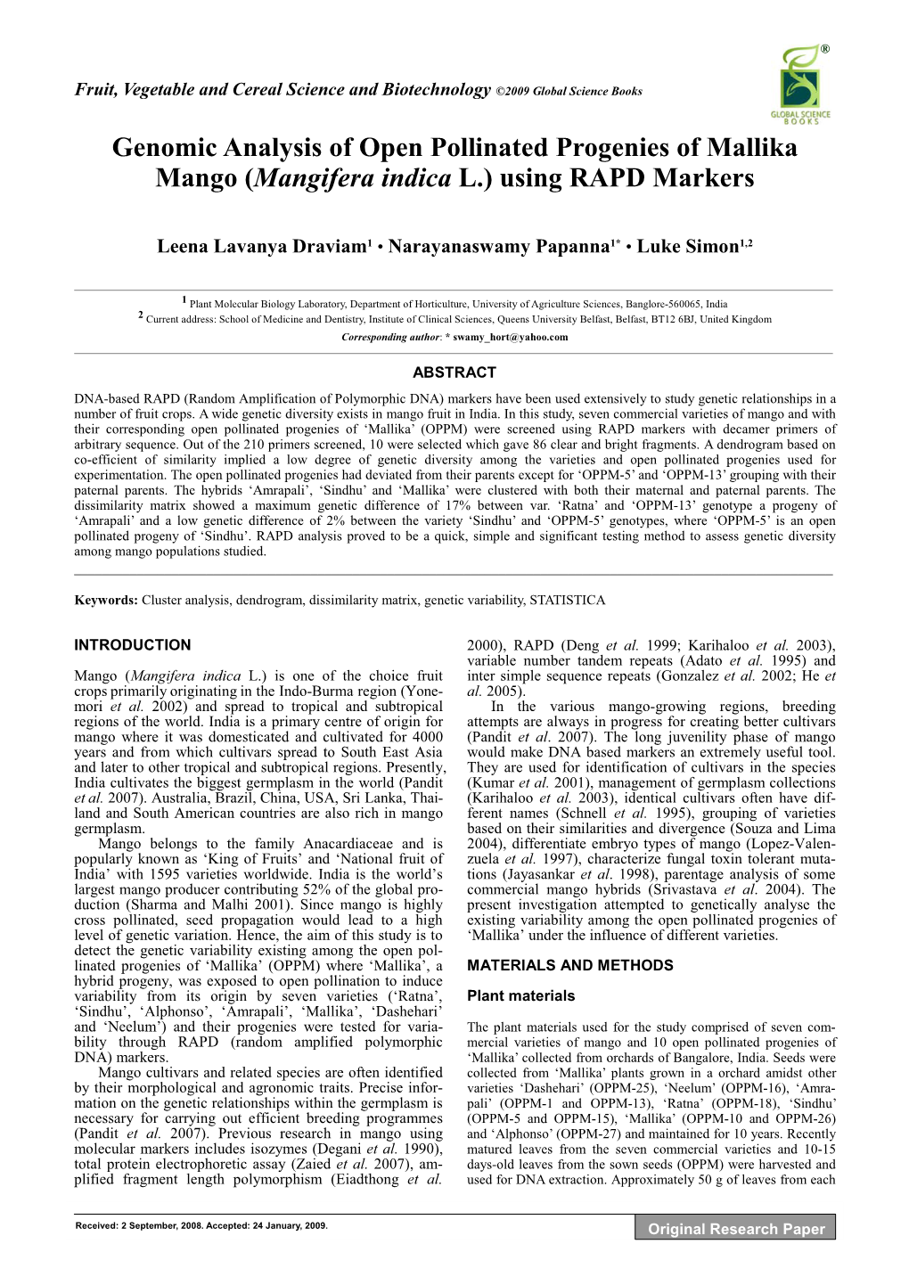 Genomic Analysis of Open Pollinated Progenies of Mallika Mango (Mangifera Indica L.) Using RAPD Markers